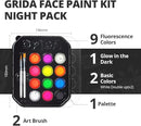 Grida Face Painting Kit for Kids - Grida Professional Party Kit Night Pack with 12 Skin-Safe, Vegan, Cruelty-Free, 2 Art Brushes, 1 Palette - Easy-Remove Face Paint & Glow in Dark Effect by TinyTreasures Baby Boutique