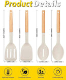 Pack of 4 Silicone Cooking Utensils Set, Non Stick Solid Spatulas and Heat Resistant Slotted Spoons with Wooden Handle, Ideal Wood Kitchen Utensils Set for Frying,Serving,Turning,Stirring (KHAKI) by CozyNest Decor