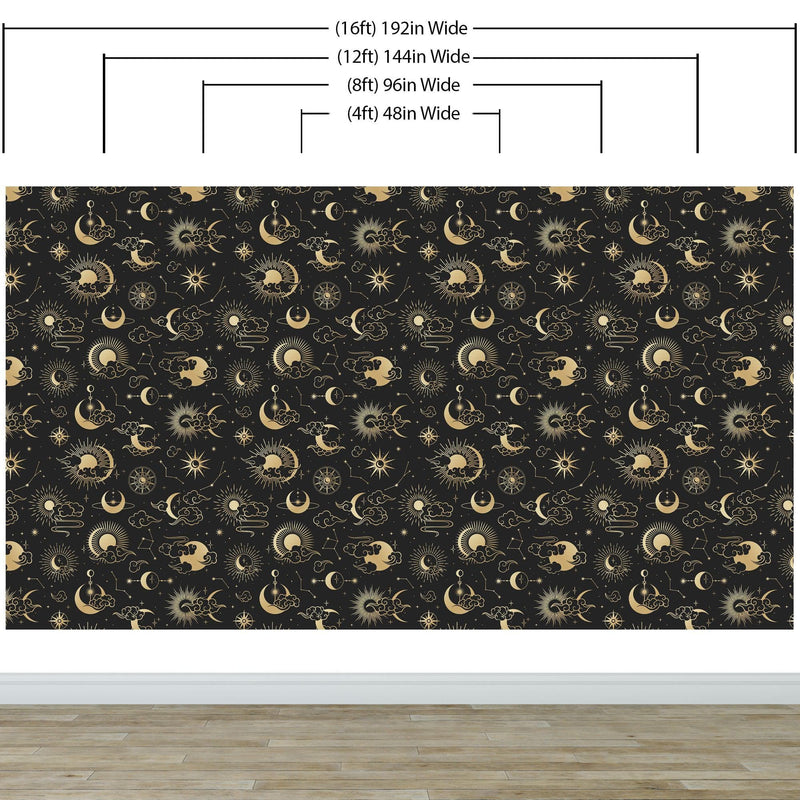 Astronomy Pattern Peel and Stick Wallpaper. Stars, Sun, Moon and Cloud. Removable Wall Mural