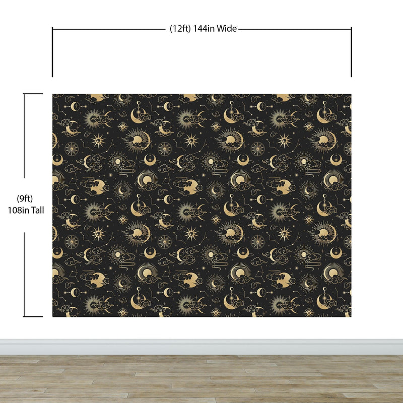 Astronomy Pattern Peel and Stick Wallpaper. Stars, Sun, Moon and Cloud. Removable Wall Mural