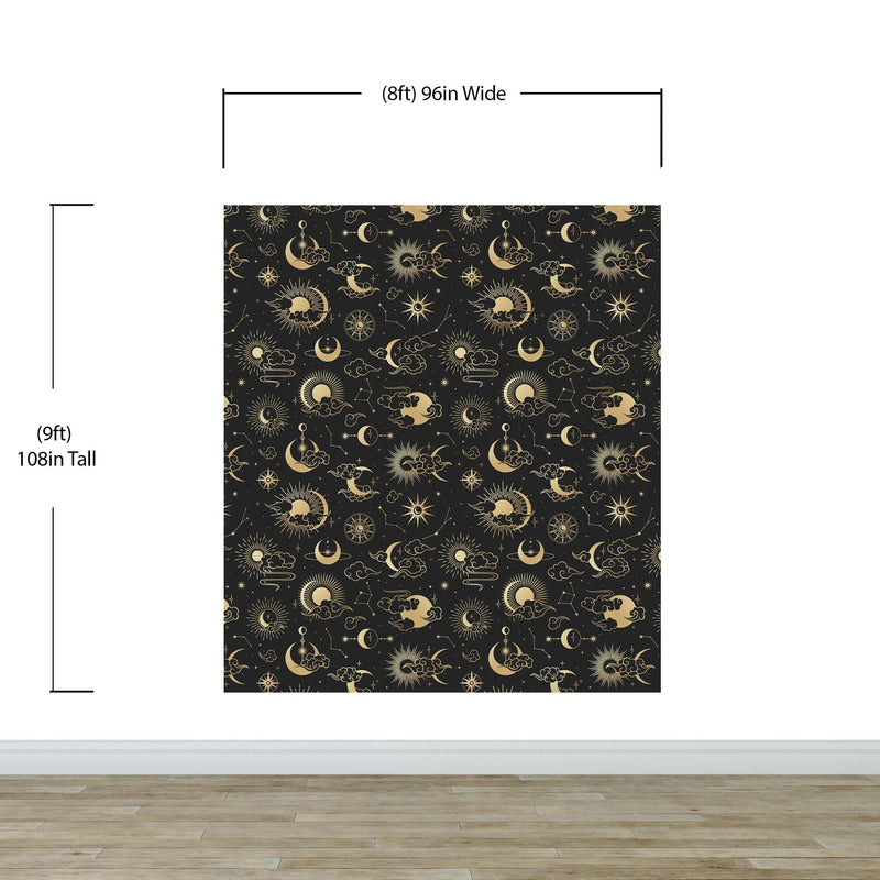 Astronomy Pattern Peel and Stick Wallpaper. Stars, Sun, Moon and Cloud. Removable Wall Mural