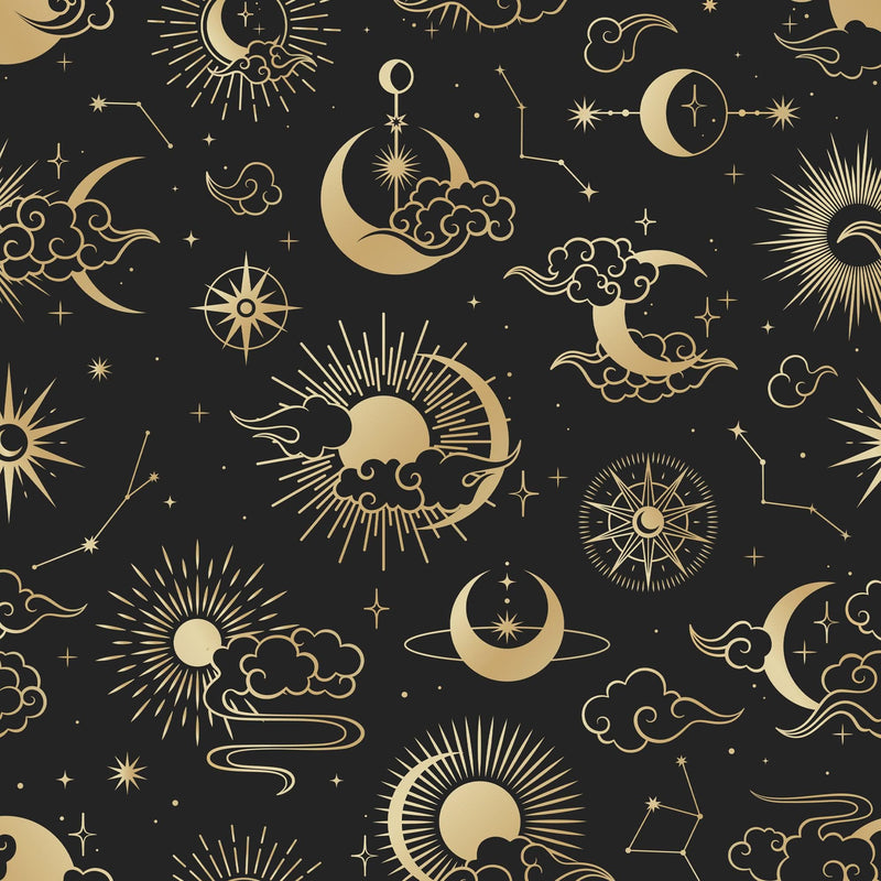 Astronomy Pattern Peel and Stick Wallpaper. Stars, Sun, Moon and Cloud. Removable Wall Mural