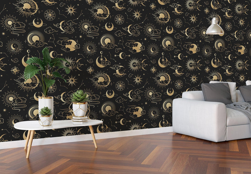 Astronomy Pattern Peel and Stick Wallpaper. Stars, Sun, Moon and Cloud. Removable Wall Mural