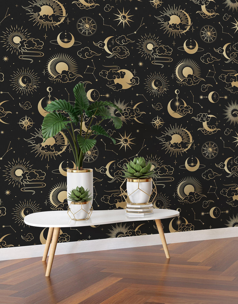 Astronomy Pattern Peel and Stick Wallpaper. Stars, Sun, Moon and Cloud. Removable Wall Mural