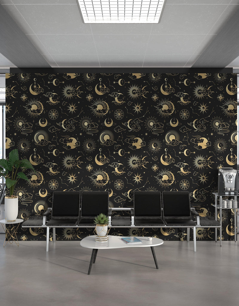 Astronomy Pattern Peel and Stick Wallpaper. Stars, Sun, Moon and Cloud. Removable Wall Mural