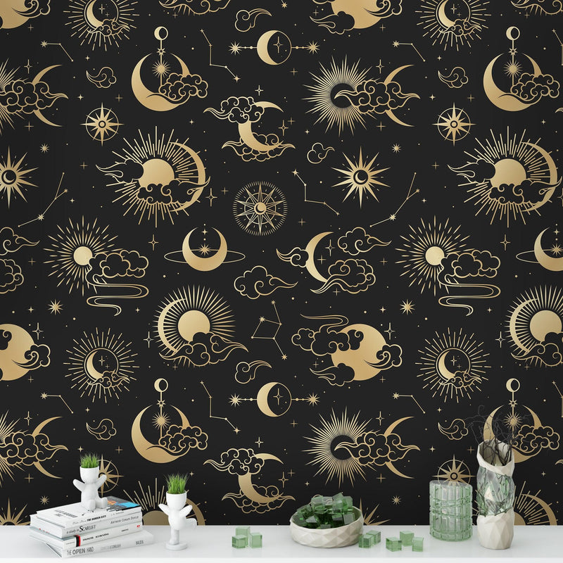 Astronomy Pattern Peel and Stick Wallpaper. Stars, Sun, Moon and Cloud. Removable Wall Mural