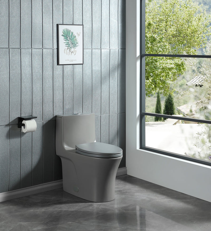 15 1/8 Inch 1.1/1.6 GPF Dual Flush 1-Piece Elongated Toilet with Soft-Close Seat - Light Grey