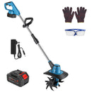 800W 21V Cordless Tiller Cultivator 3.0Ah Battery Powered Tiller with 8.66" Width 6.69" Depth Manganese Steel Tines for Soil Cultivation Weeding Garde