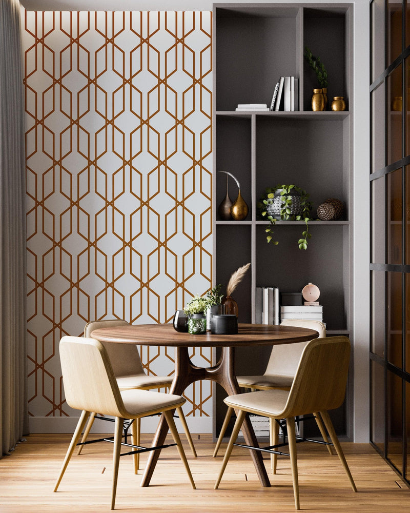 Modern Geometric Shape 3D Hexagon Bronze Lines Peel and Stick Wallpaper | Removable Wall Mural