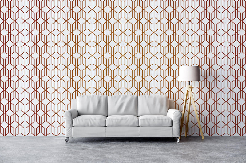 Modern Geometric Shape 3D Hexagon Bronze Lines Peel and Stick Wallpaper | Removable Wall Mural