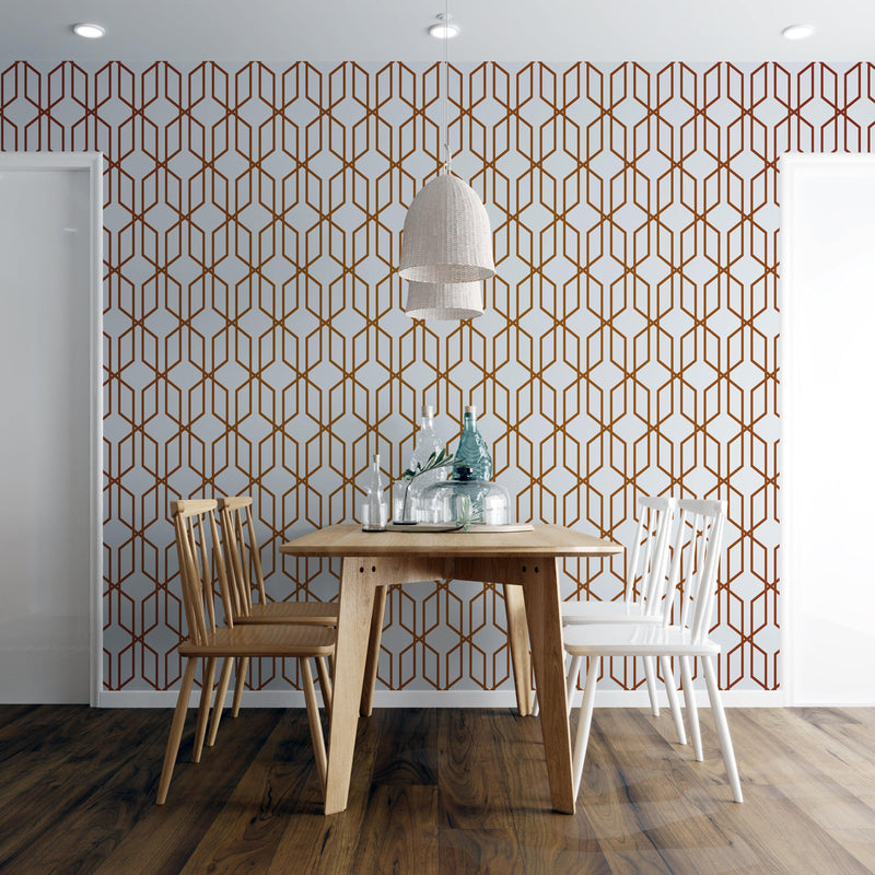 Modern Geometric Shape 3D Hexagon Bronze Lines Peel and Stick Wallpaper | Removable Wall Mural