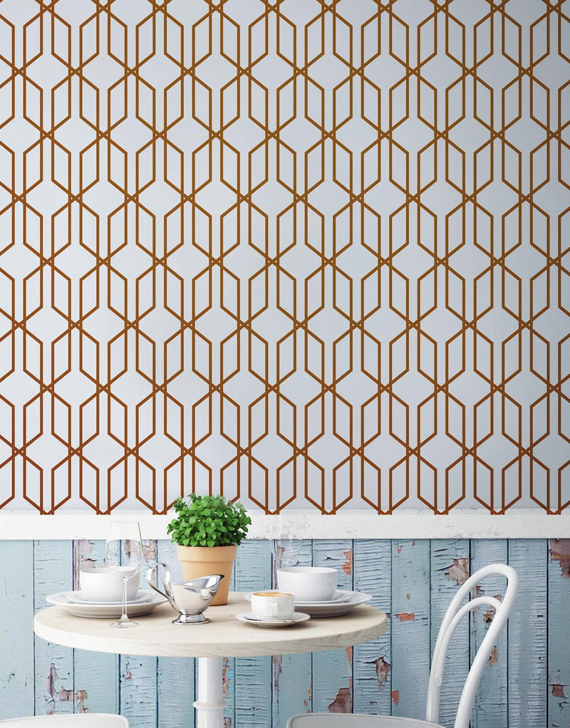 Modern Geometric Shape 3D Hexagon Bronze Lines Peel and Stick Wallpaper | Removable Wall Mural