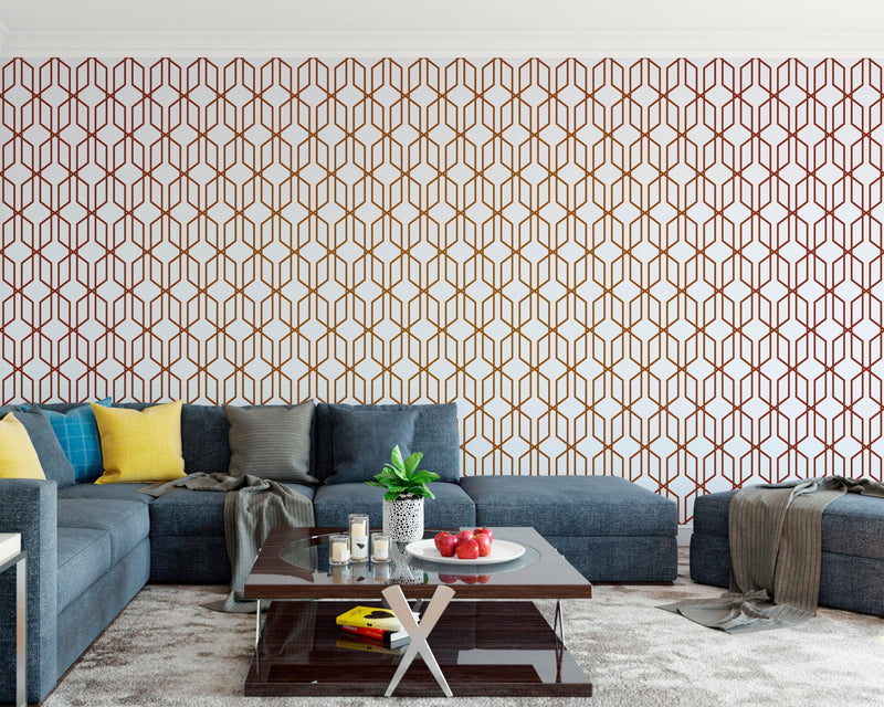 Modern Geometric Shape 3D Hexagon Bronze Lines Peel and Stick Wallpaper | Removable Wall Mural