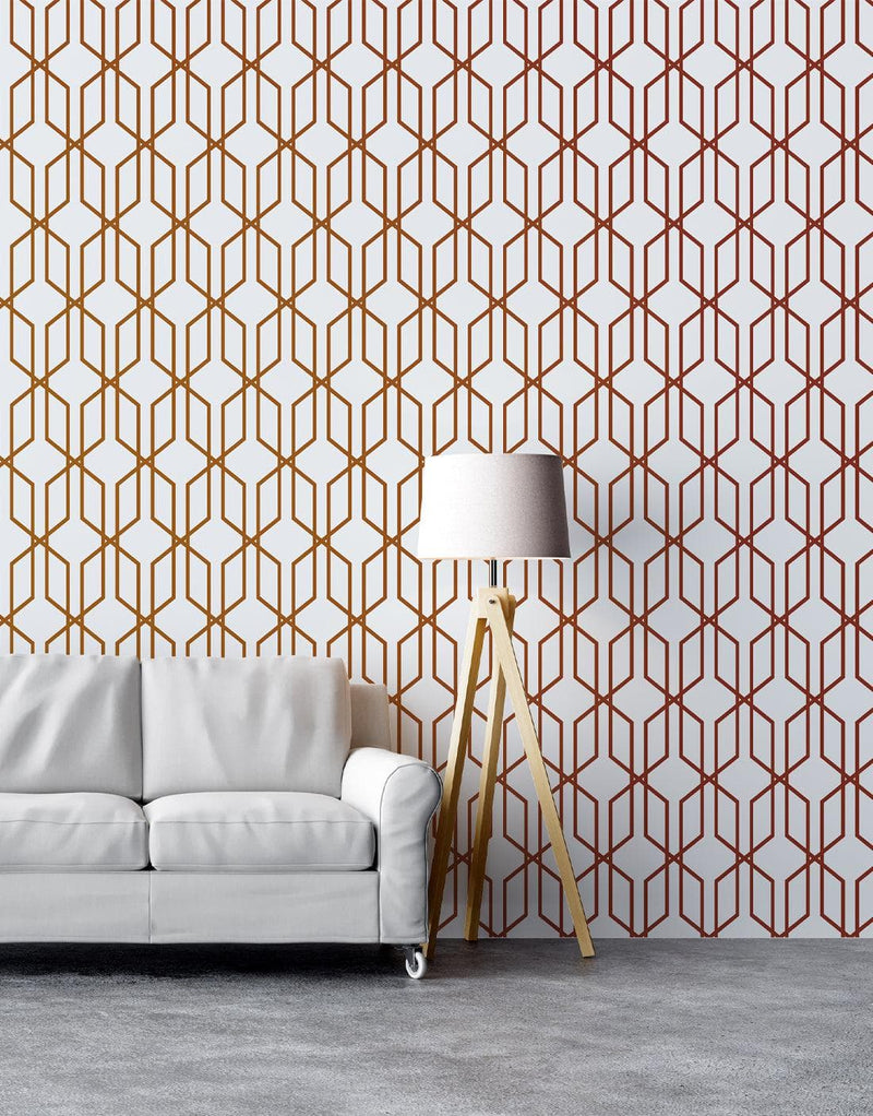 Modern Geometric Shape 3D Hexagon Bronze Lines Peel and Stick Wallpaper | Removable Wall Mural