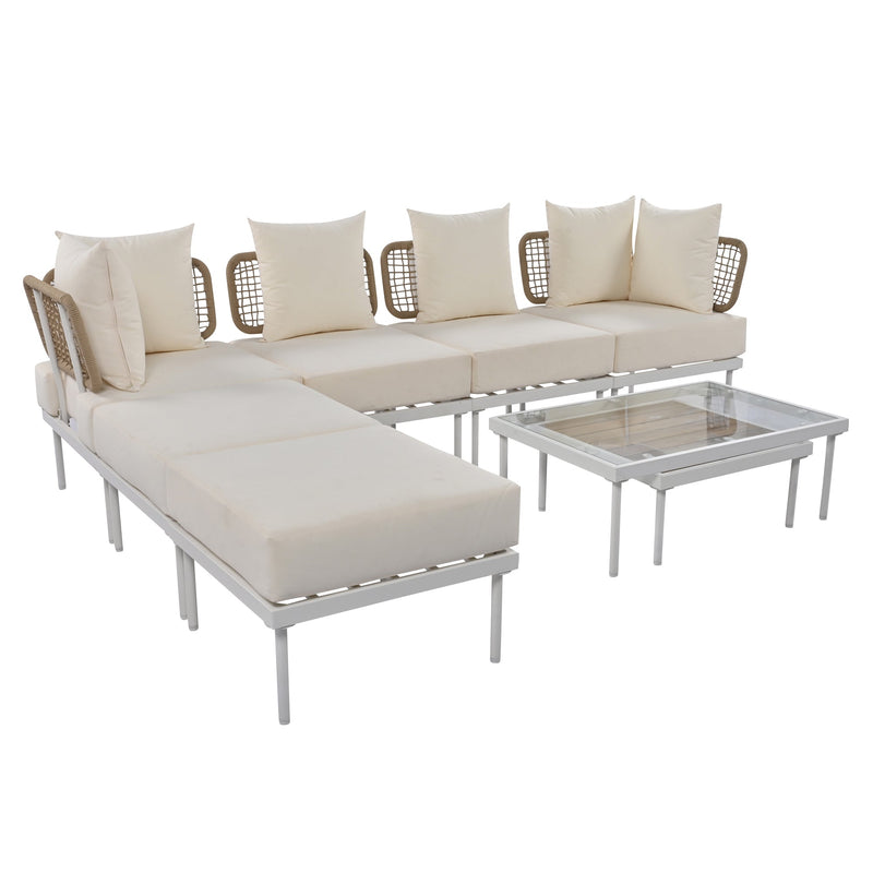 Walker Edison - 8-Piece Patio Sectional Sofa Set with Tempered Glass Coffee Table and Wooden Coffee Table for Outdoor Oasis, Garden, Patio and Poolside (Beige Cushion + White Steel)