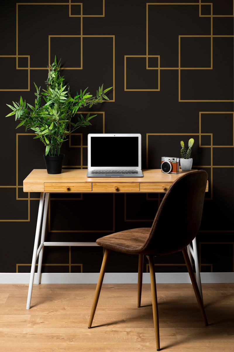 Dark Brown and Gold Square Geometric Pattern Peel and Stick Wallpaper | Removable Wall Mural