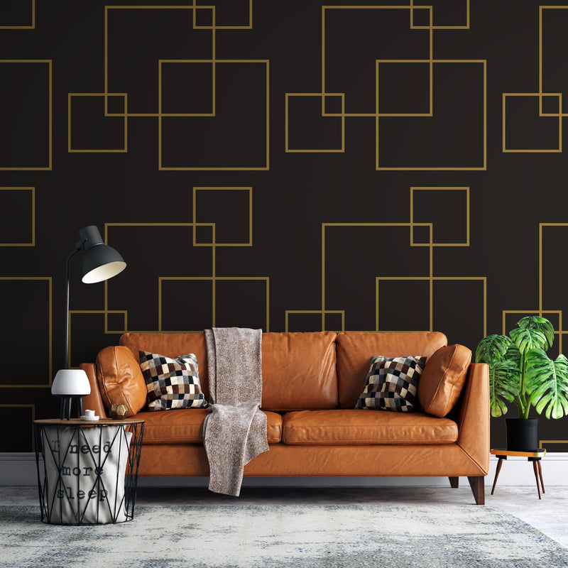 Dark Brown and Gold Square Geometric Pattern Peel and Stick Wallpaper | Removable Wall Mural