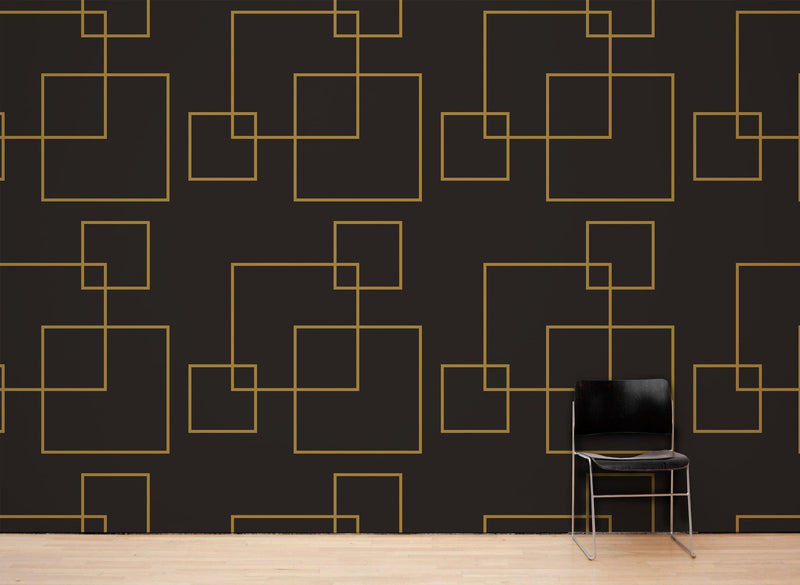 Dark Brown and Gold Square Geometric Pattern Peel and Stick Wallpaper | Removable Wall Mural