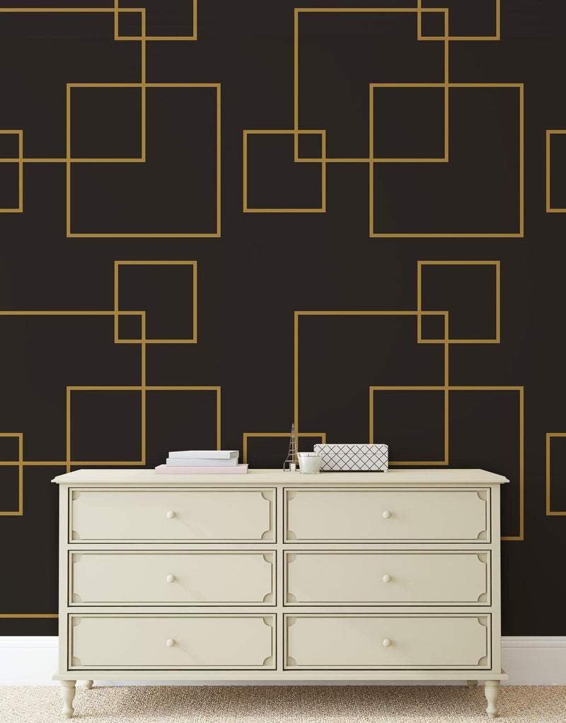 Dark Brown and Gold Square Geometric Pattern Peel and Stick Wallpaper | Removable Wall Mural