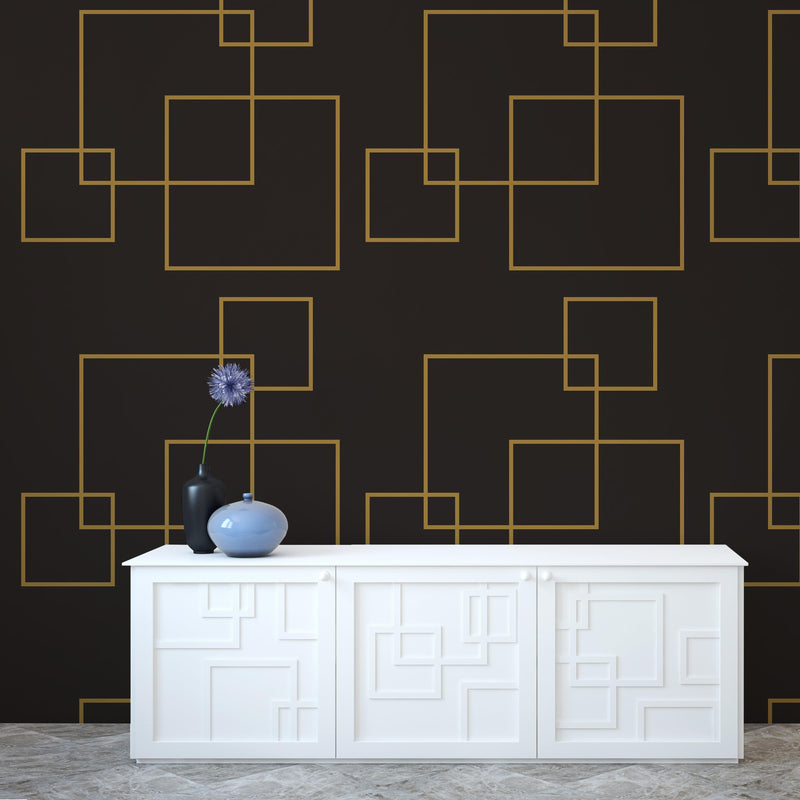 Dark Brown and Gold Square Geometric Pattern Peel and Stick Wallpaper | Removable Wall Mural