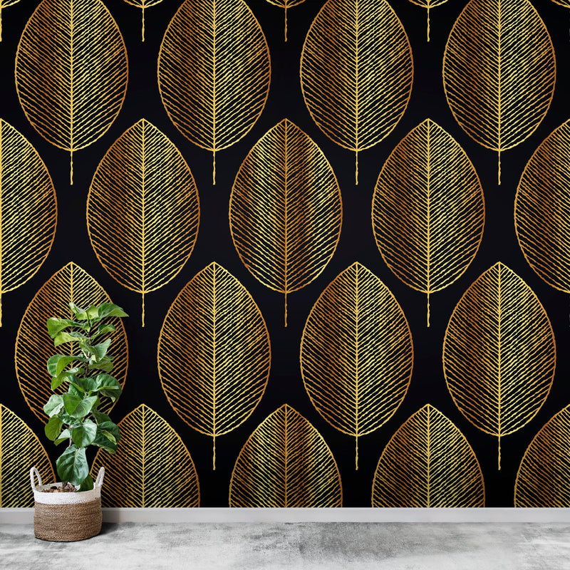 Gold Leave Autumn Pattern Peel and Stick Wallpaper | Removable Wall Mural