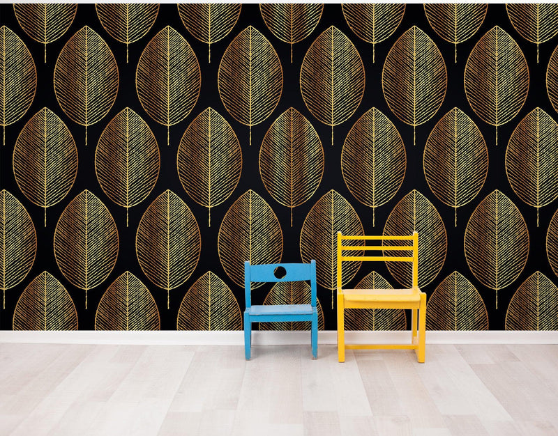 Gold Leave Autumn Pattern Peel and Stick Wallpaper | Removable Wall Mural