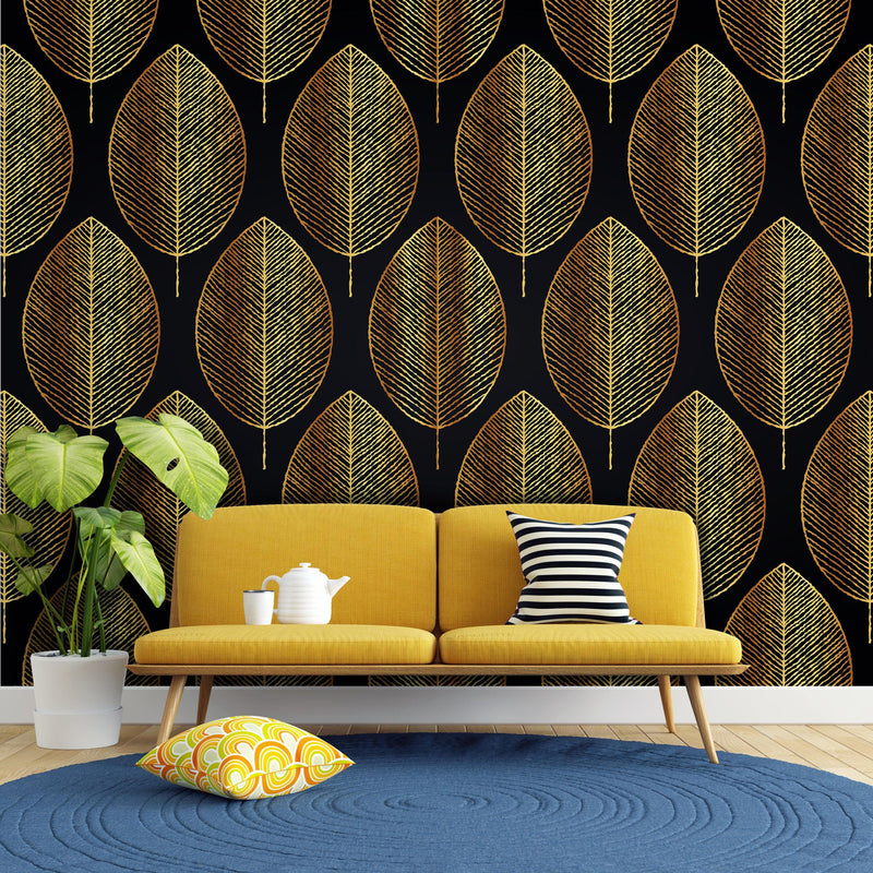 Gold Leave Autumn Pattern Peel and Stick Wallpaper | Removable Wall Mural