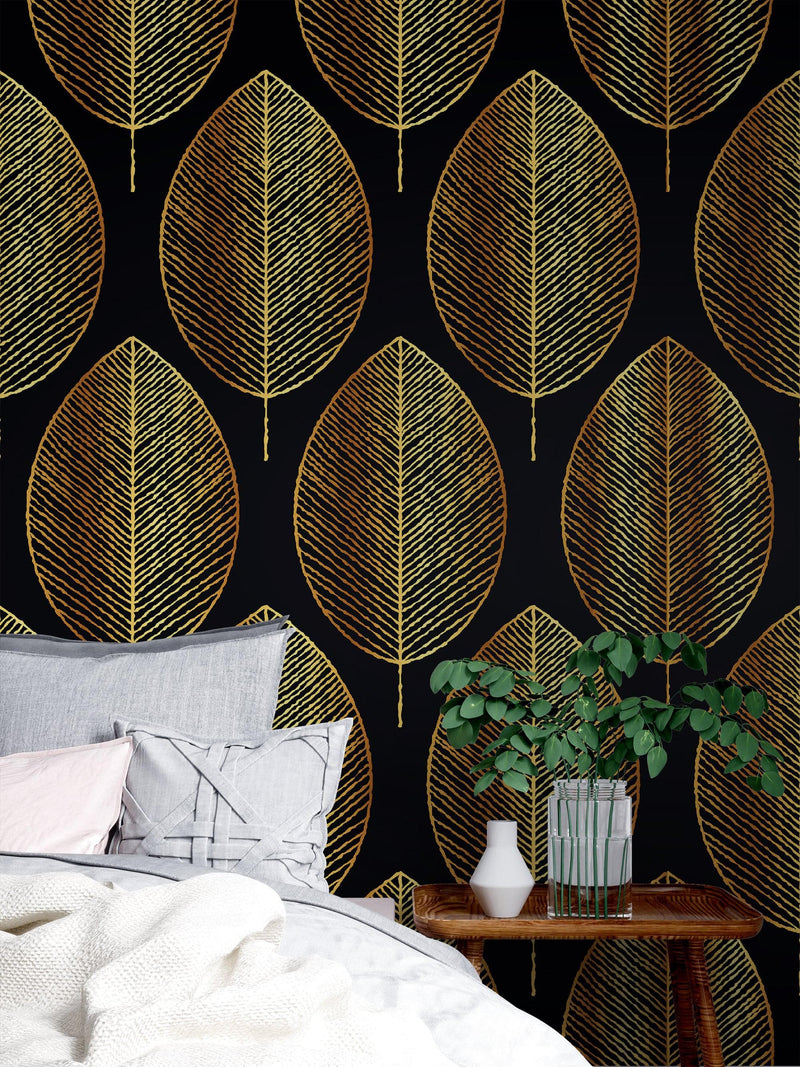 Gold Leave Autumn Pattern Peel and Stick Wallpaper | Removable Wall Mural