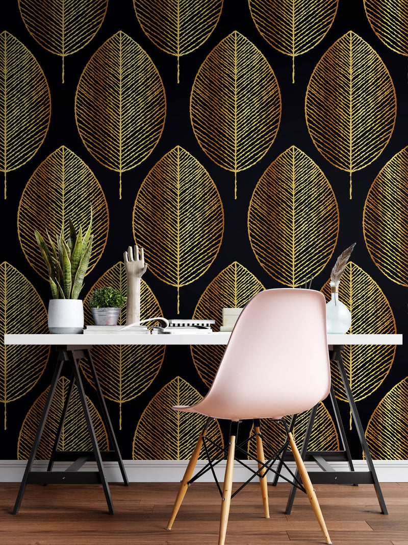 Gold Leave Autumn Pattern Peel and Stick Wallpaper | Removable Wall Mural