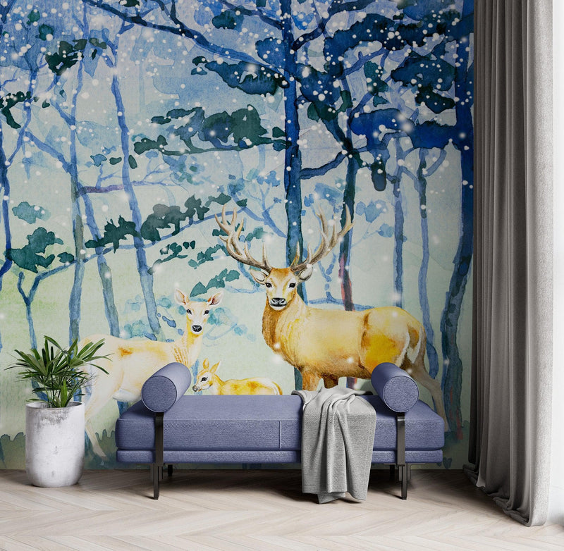 Deer Family in Snow Forest Peel and Stick Wallpaper | Removable Wall Mural.