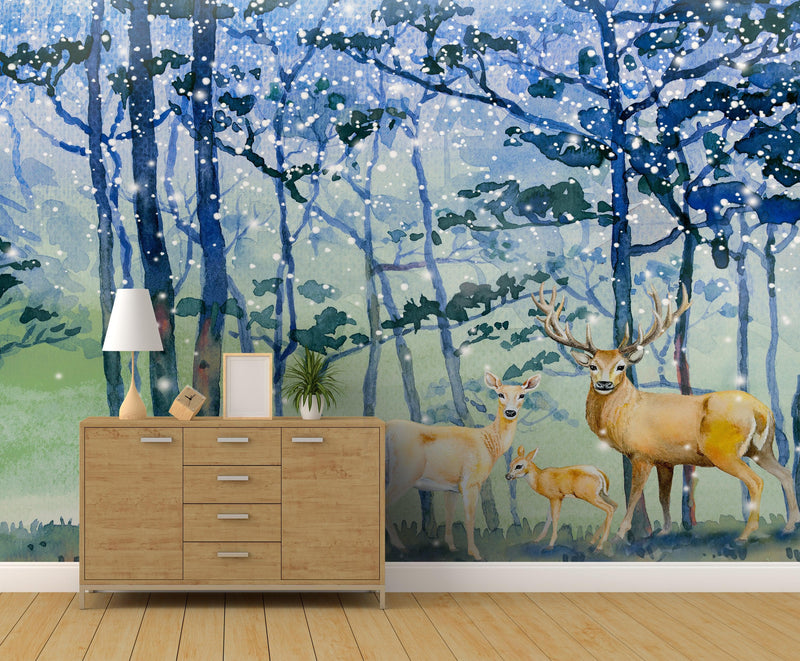 Deer Family in Snow Forest Peel and Stick Wallpaper | Removable Wall Mural.