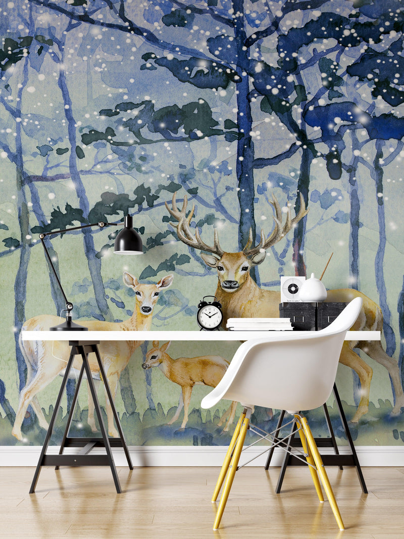 Deer Family in Snow Forest Peel and Stick Wallpaper | Removable Wall Mural.