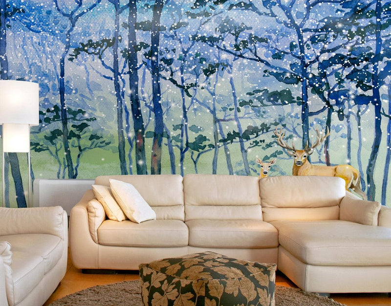 Deer Family in Snow Forest Peel and Stick Wallpaper | Removable Wall Mural.