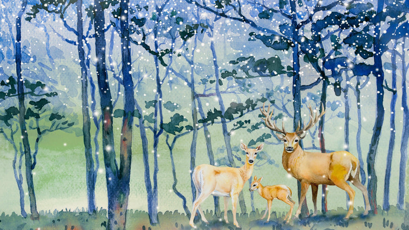 Deer Family in Snow Forest Peel and Stick Wallpaper | Removable Wall Mural.