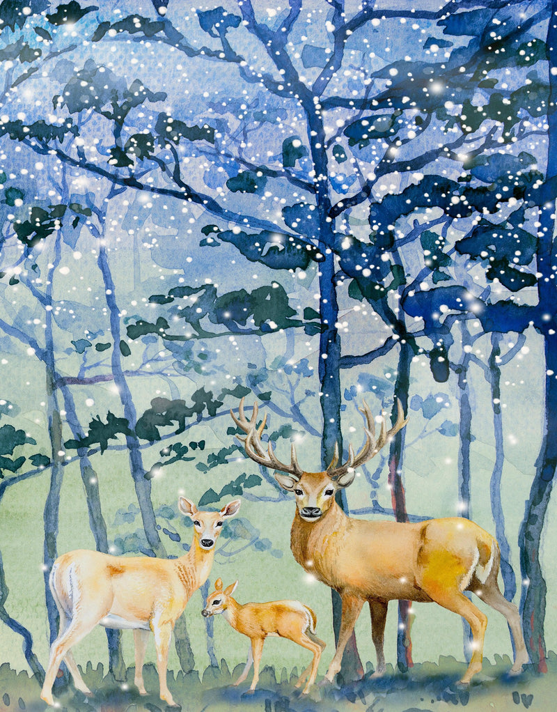 Deer Family in Snow Forest Peel and Stick Wallpaper | Removable Wall Mural.