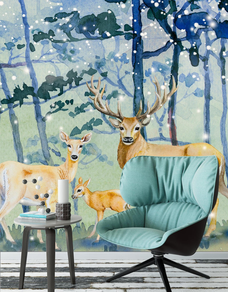 Deer Family in Snow Forest Peel and Stick Wallpaper | Removable Wall Mural.