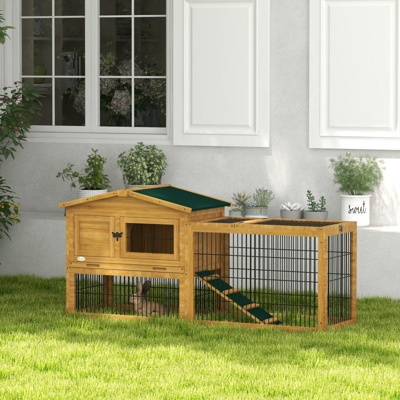 2 Levels Outdoor Rabbit Hutch with Openable Top, 59" Wooden Large Rabbit Cage with Run Weatherproof Roof, Removable Tray, Ramp, Yellow
