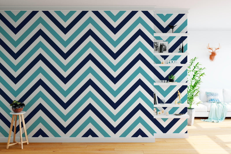 Seaside Chic Decor. Navy Blue and Teal Chevron Pattern Wallpaper.