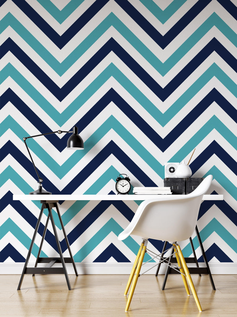 Seaside Chic Decor. Navy Blue and Teal Chevron Pattern Wallpaper.