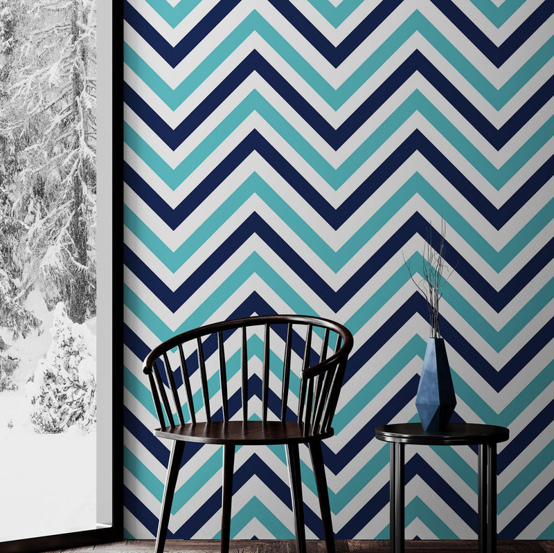 Seaside Chic Decor. Navy Blue and Teal Chevron Pattern Wallpaper.