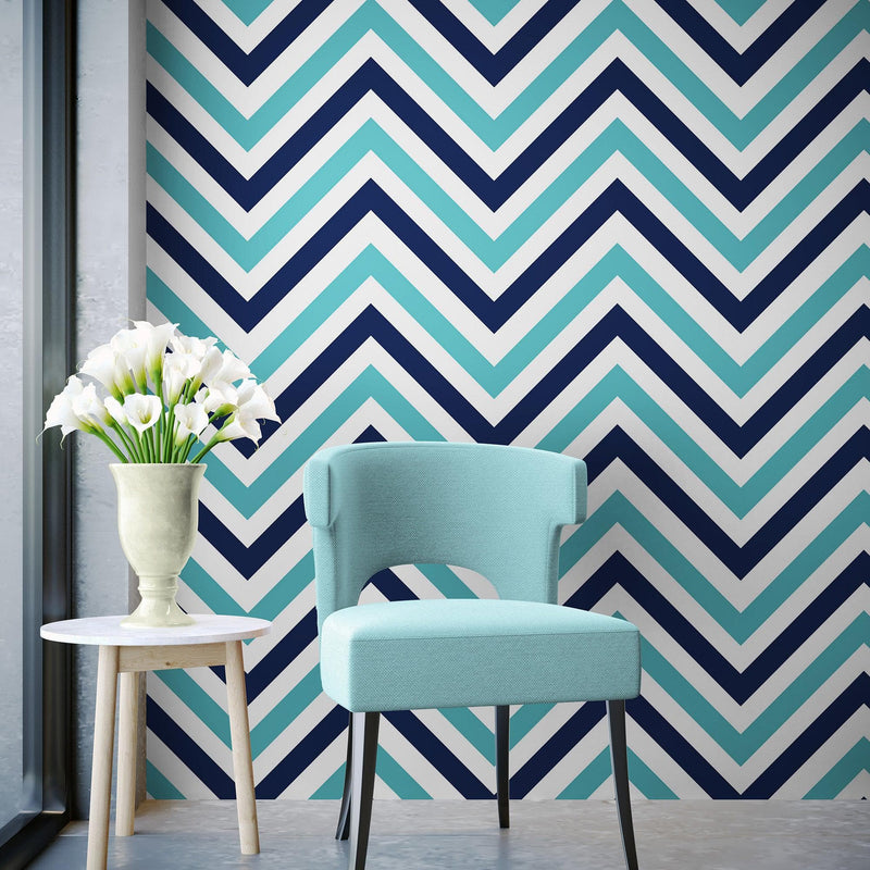 Seaside Chic Decor. Navy Blue and Teal Chevron Pattern Wallpaper.