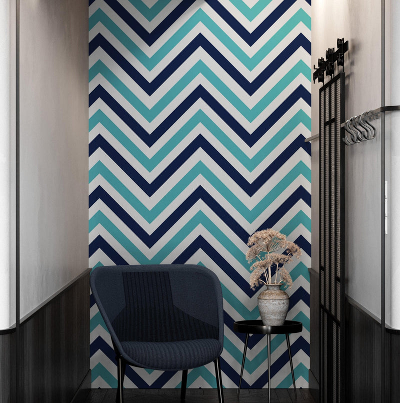 Seaside Chic Decor. Navy Blue and Teal Chevron Pattern Wallpaper.