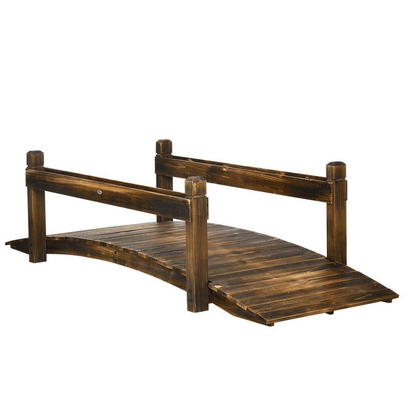 7.5' Wooden Garden Bridge with Planters, Stained Finish Arc Footbridge with Safety Railings for Backyard, Pond Stream, Stained Wood