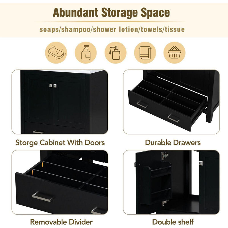 30' Black Bathroom Vanity with Single Sink, Combo Cabinet Undermount Sink, Bathroom Storage Cabinet with 2 Doors and a Drawer, Soft Closing, Multifunctional Storage, Solid Wood Frame