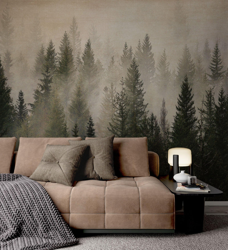 Misty Pine Tree Forest Landscape Wallpaper. Peel and Stick Wall Mural. Self Adhesive Nursery Wall Decor.