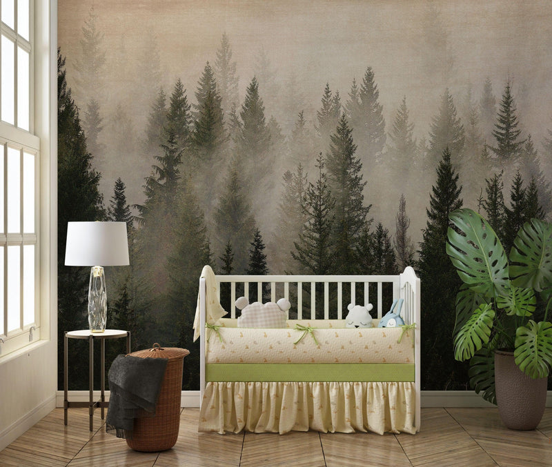 Misty Pine Tree Forest Landscape Wallpaper. Peel and Stick Wall Mural. Self Adhesive Nursery Wall Decor.