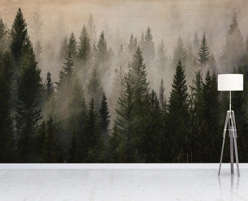 Misty Pine Tree Forest Landscape Wallpaper. Peel and Stick Wall Mural. Self Adhesive Nursery Wall Decor.