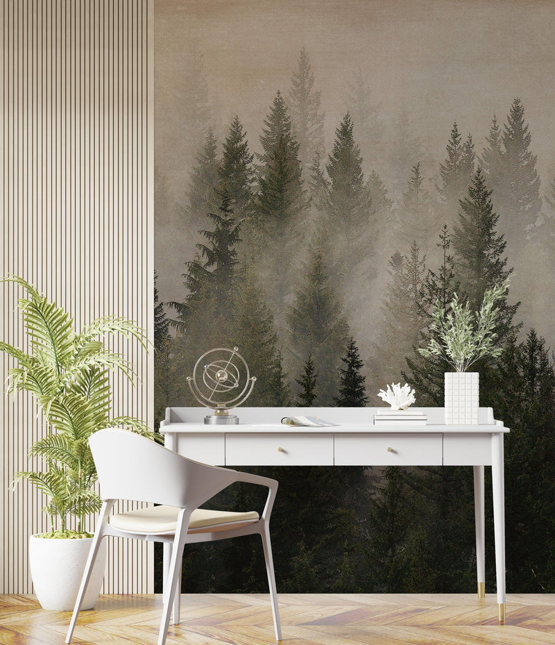 Misty Pine Tree Forest Landscape Wallpaper. Peel and Stick Wall Mural. Self Adhesive Nursery Wall Decor.