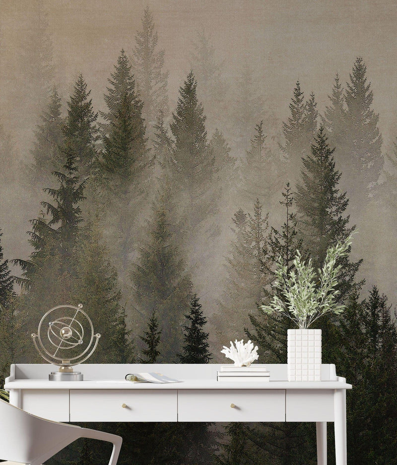 Misty Pine Tree Forest Landscape Wallpaper. Peel and Stick Wall Mural. Self Adhesive Nursery Wall Decor.