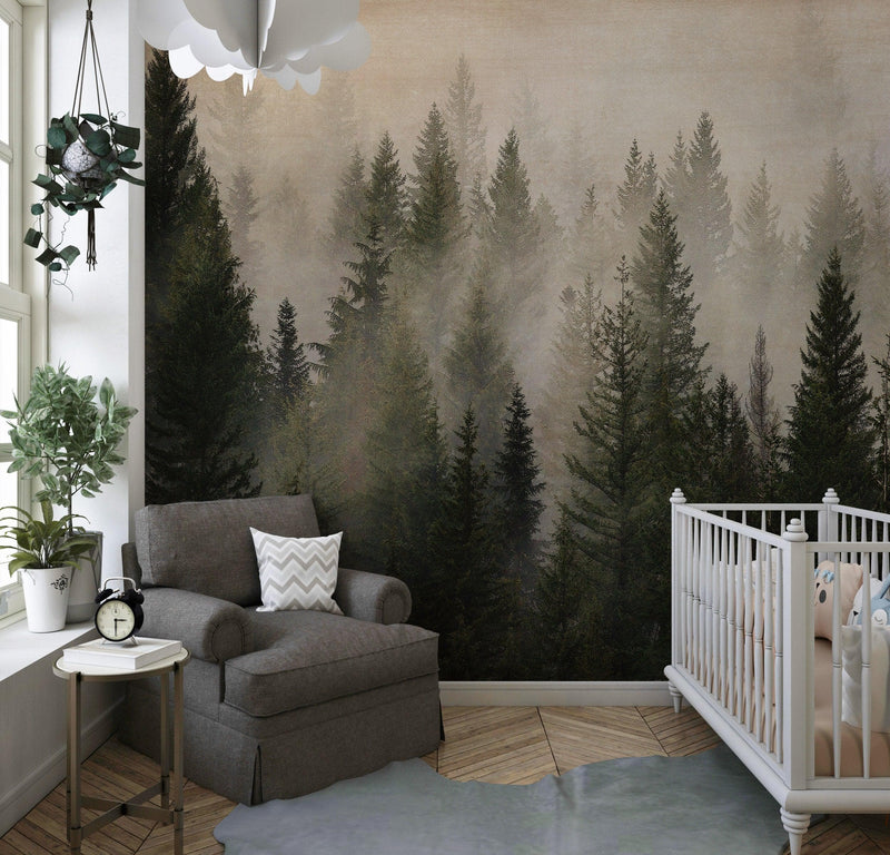 Misty Pine Tree Forest Landscape Wallpaper. Peel and Stick Wall Mural. Self Adhesive Nursery Wall Decor.